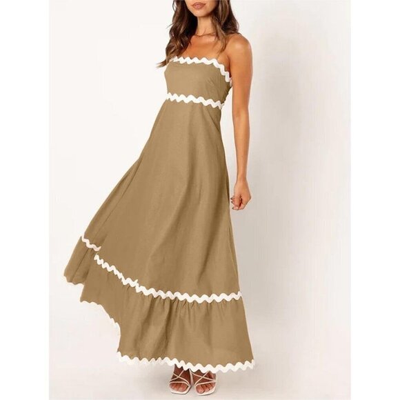 Women Khaki Spaghetti Straps Sleeveless Square Neck Smocked Rickrack Maxi Dress - Picture 2 of 7